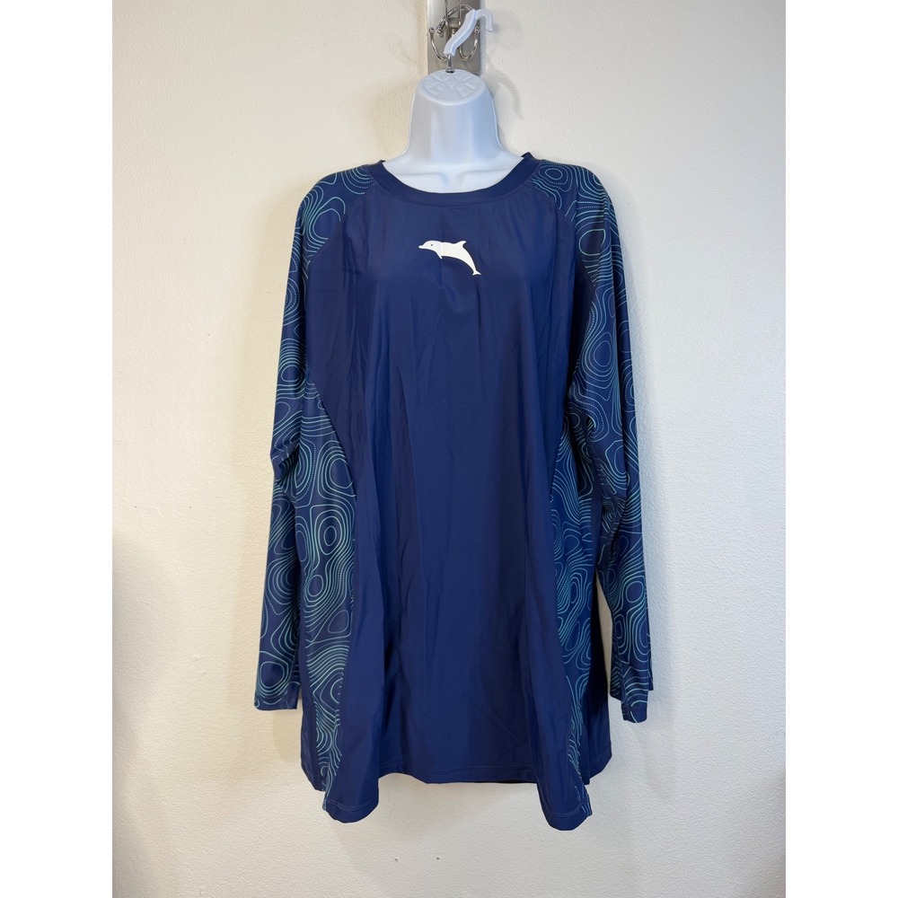 Halcurt Womens 4X Navy Blue Long Sleeve Swim Rash Guard Topographic Print